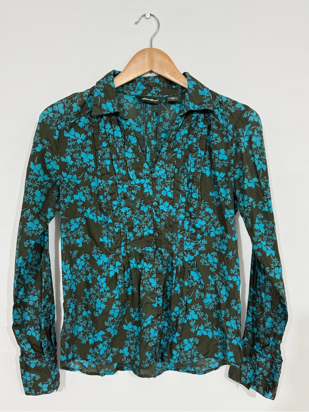 WSH64 {Eddie Bauer} Green Blue Floral 1/4 Button Down Tunic Shirt Top